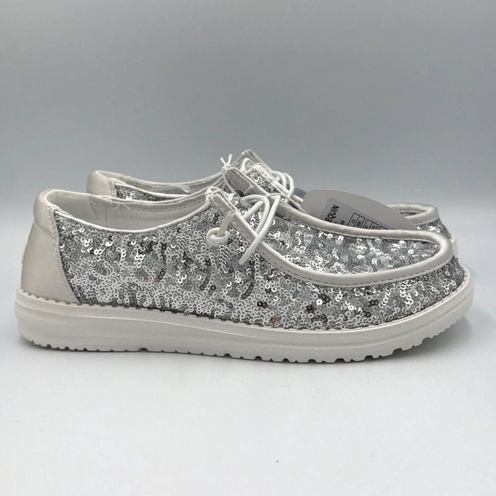 Hey Dude Wendy Women's Sz 7 Silver Disco Sequin Casual Shoes Slip On